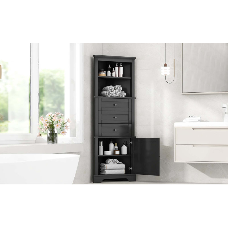 Armoire haute triangulaire avec 3 tiroirs et tablettes réglables pour la salle de bain, la cuisine ou le salon, panneau de fibres à densité moyenne avec finition peinte