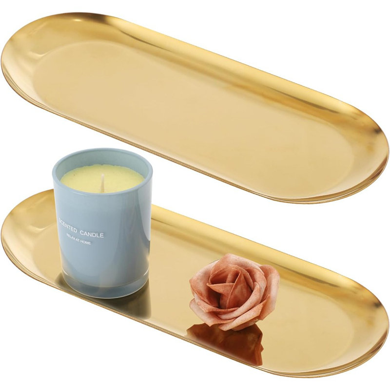 Oval Stainless Steel Decorative Tray, Vanity And Bathroom Organizer For Jewelry, Cosmetics, Perfume, And Candles