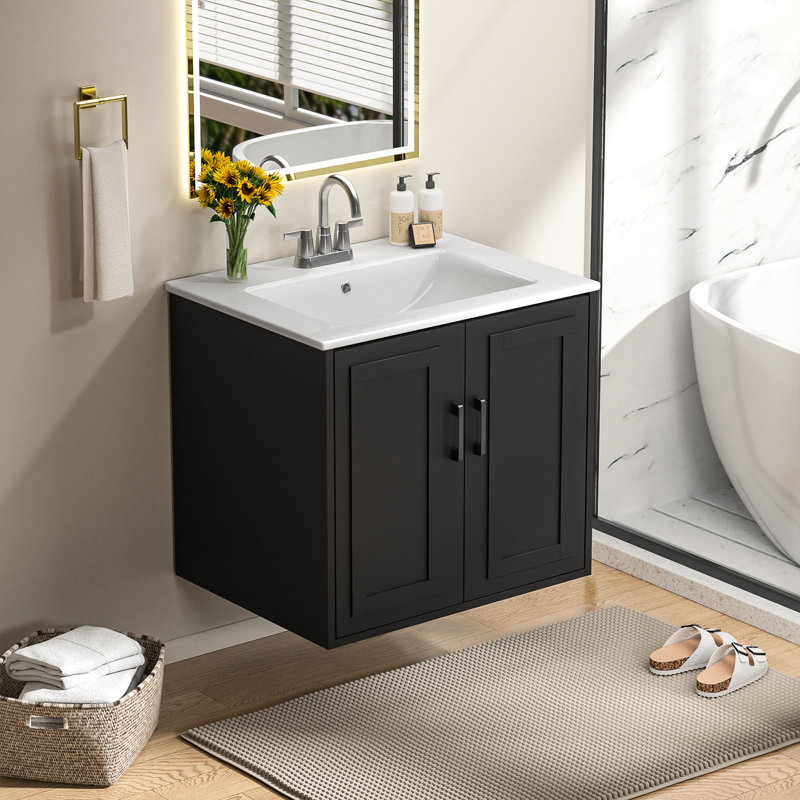 Stylish 24" Wall Mounted Single Floating Bathroom Vanity With Ceramic Sink