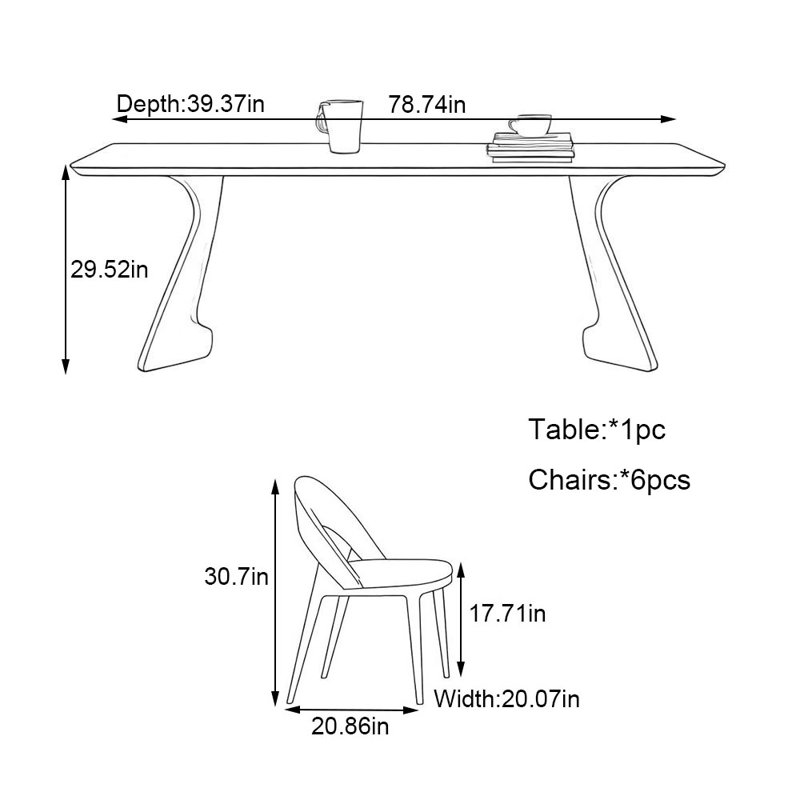 Ensemble de salle à manger à piédestal moderne 7 pièces, H 29,52 po x L 78,74 po x l 39,37 po
