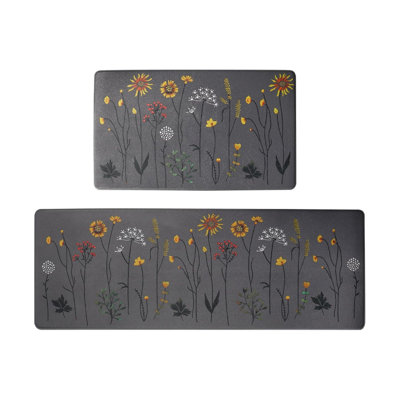 Colourful Flower 2 Pieces Kitchen Rug Set, Non-Slip and Washable Kitchen Mat