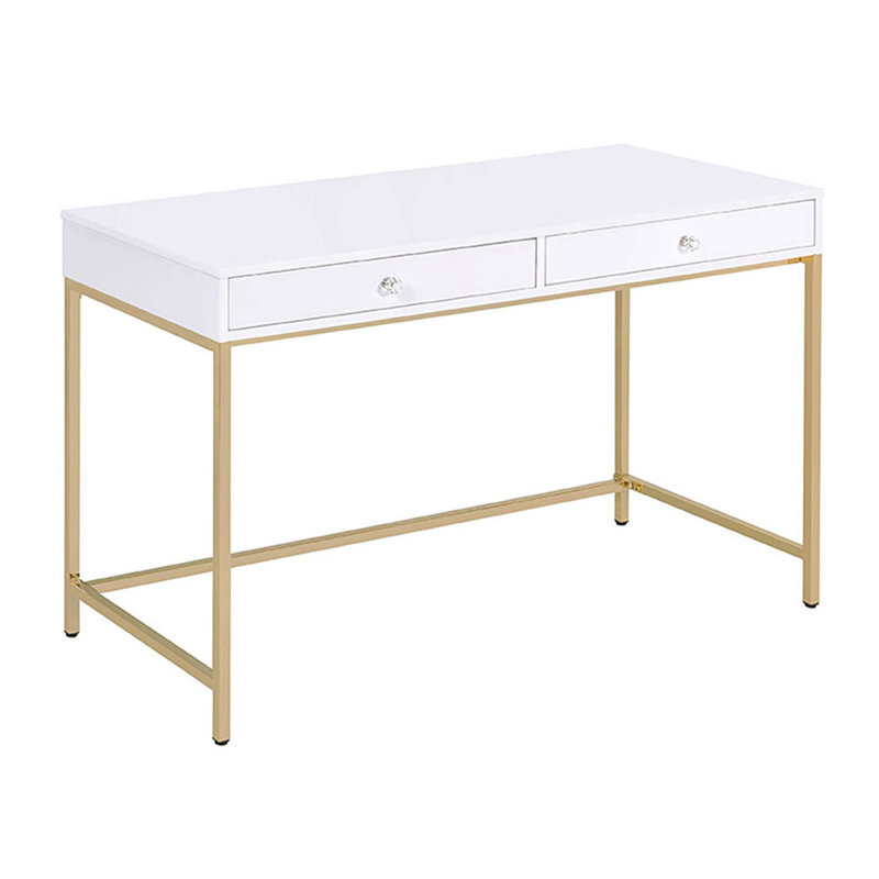 Bureau d'écriture 2 tiroirs ultrabrillant et doré, Blanc