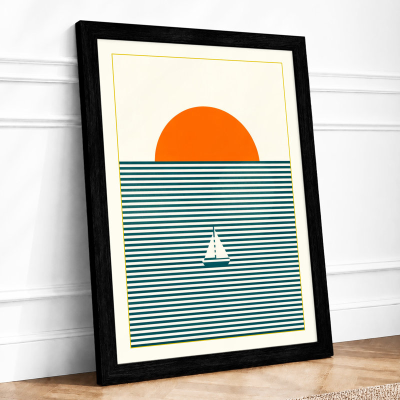 Sailboat at Sunrise Minimalist - Framed Print, A4 - 29.7 x 21.0 cm, Black