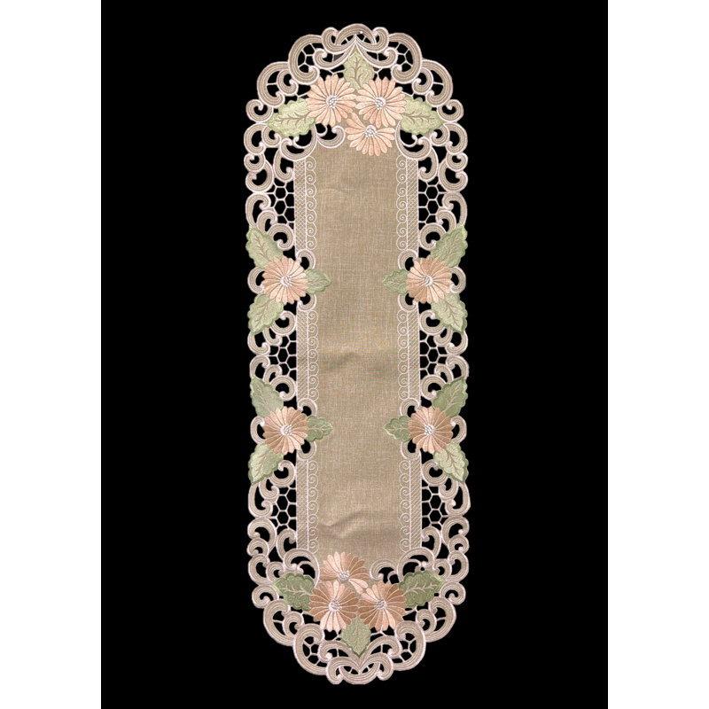 Chemin de table Fleur Latte Brodé Cutwork, 43 po x 15 po, Brun