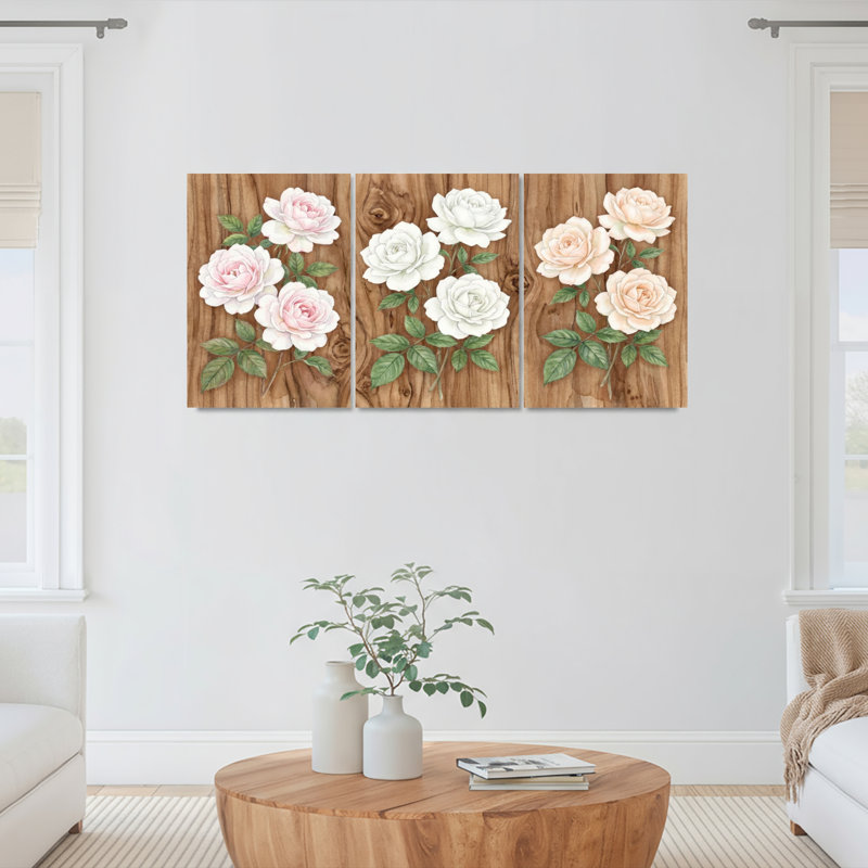 Roses sur bois texturé, impression sur toile tendue sur toile, ensemble de 3, H 18 po x l 36 po