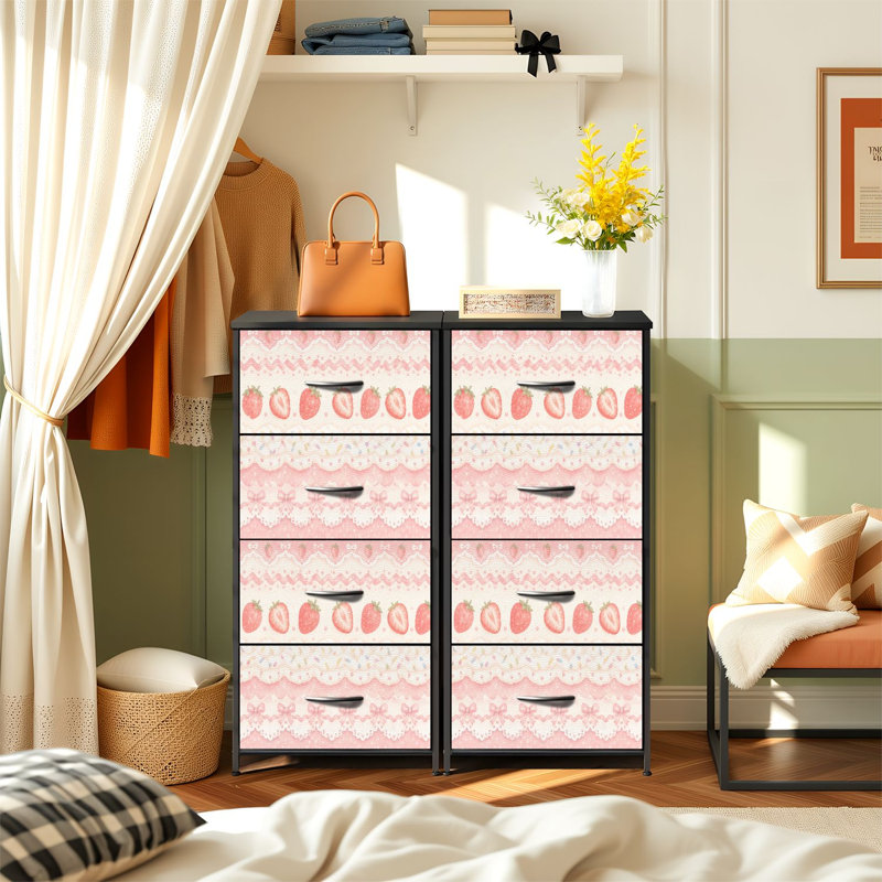 Commode de rangement verticale 4 tiroirs avec dentelle rose fraise et plateau en bois avec tiroirs