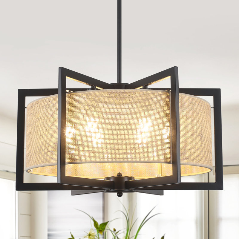Nekoosa 6 - Light Dimmable Candle Style Geometric Hand-Woven Rattan Drum Chandeliers For Bedroom,Living Room,Foyer,Entryway,Hallway - 10.63" H X 21.56" W