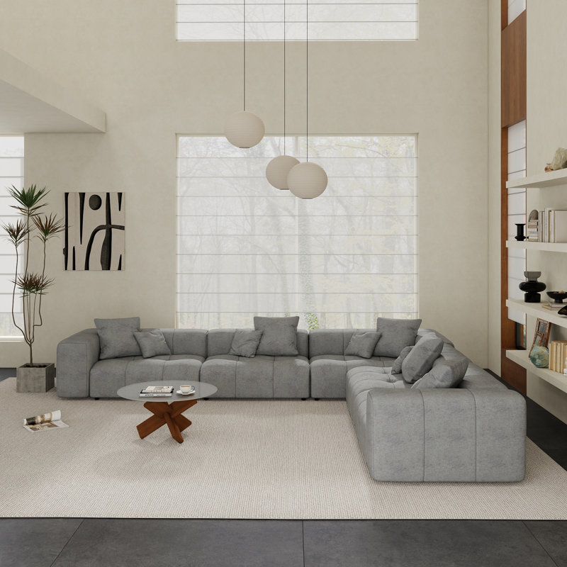 Canapé modulaire Kay Crumley, Mélange de lin gris, H 24,8 po x l 144,17 po x P 132,30 po, Symétrique