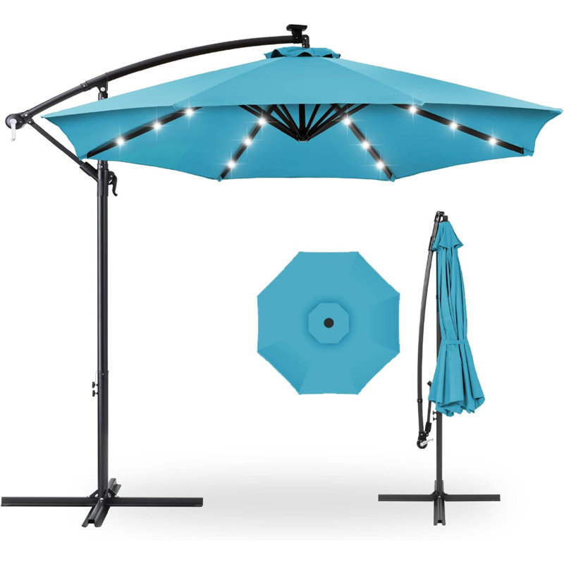 Parasol de marché à DEL 10 pi à DEL pour terrasse, piscine, jardin et inclinaison facile, abat-jour en polyester, 8 nervures - bleu ciel