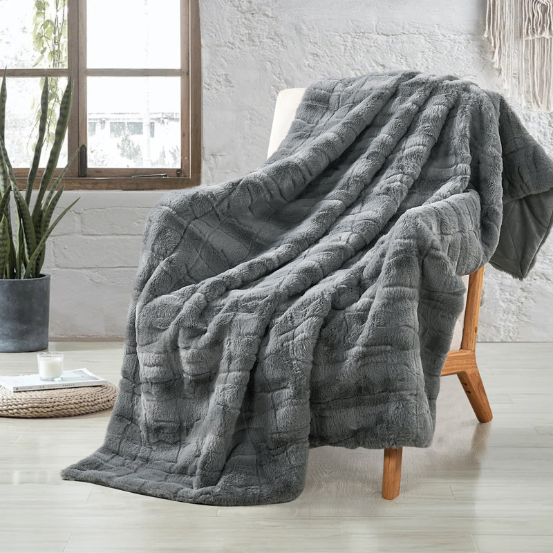 Jeté élégant en fausse fourrure, Gris, L 60 po x L 70 po