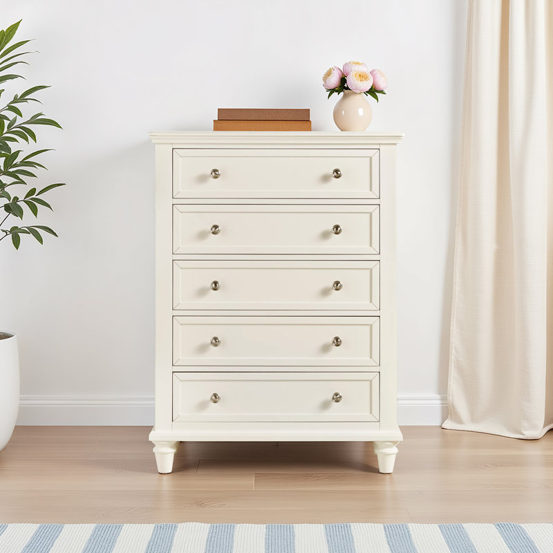 Commode verticale en bois manufacturé à 5 tiroirs avec glissières en métal Jazmond , Blanc cassé