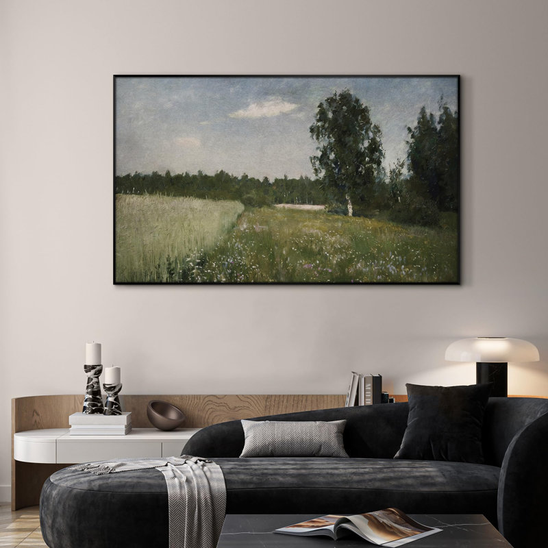 Très grande reproduction d'art sur toile - Prairie tranquille avec bouleaux et fleurs sauvages, décoration pour le salon ou la chambre à coucher - «Assemblage requis du cadre (cadre non fini)»