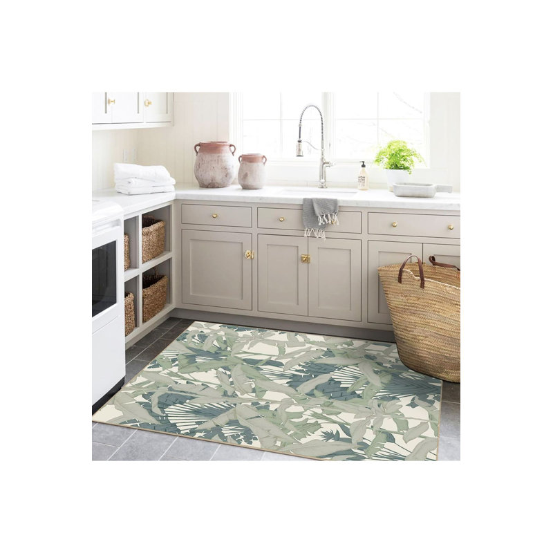 Gray Leaves Patterned Woven Base Modern Decorative Washable Rug, Rectangle 3'11" x 5'11" Rug Pad Included