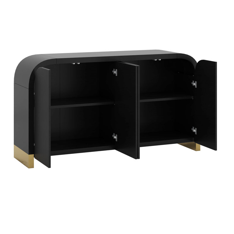 4-Door Curved Corner Design Wavy Door Panel Cabinet With Adjustable Shelves, Black