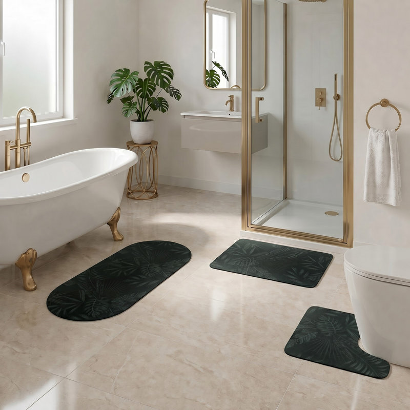 Decorative 3-Piece Bath Mat Set – Includes Standard, Runner, and Contour, Dark Green Leaves