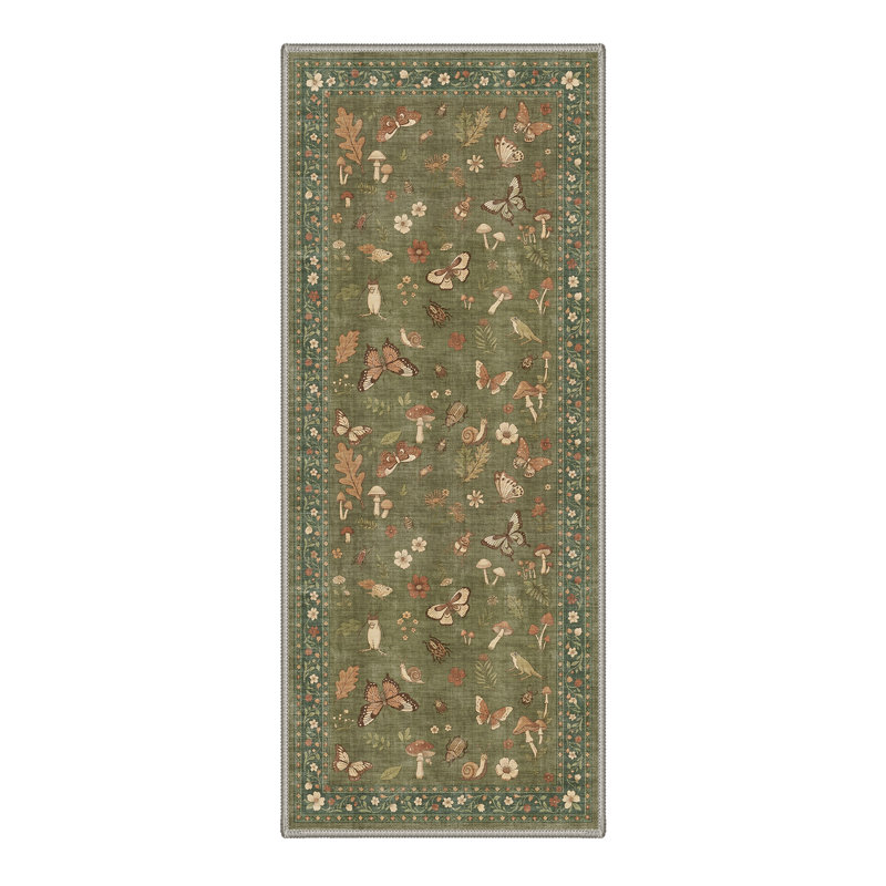 Woodhaven Rustic Machine Washable Green / Beige Indoor Area Rug with Non-Slip Backing, Runner 2' x 7'