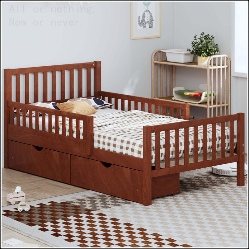Full Size Wood Platform Bed with Storage Drawers and Safety Guardrails, Twin, Walnut