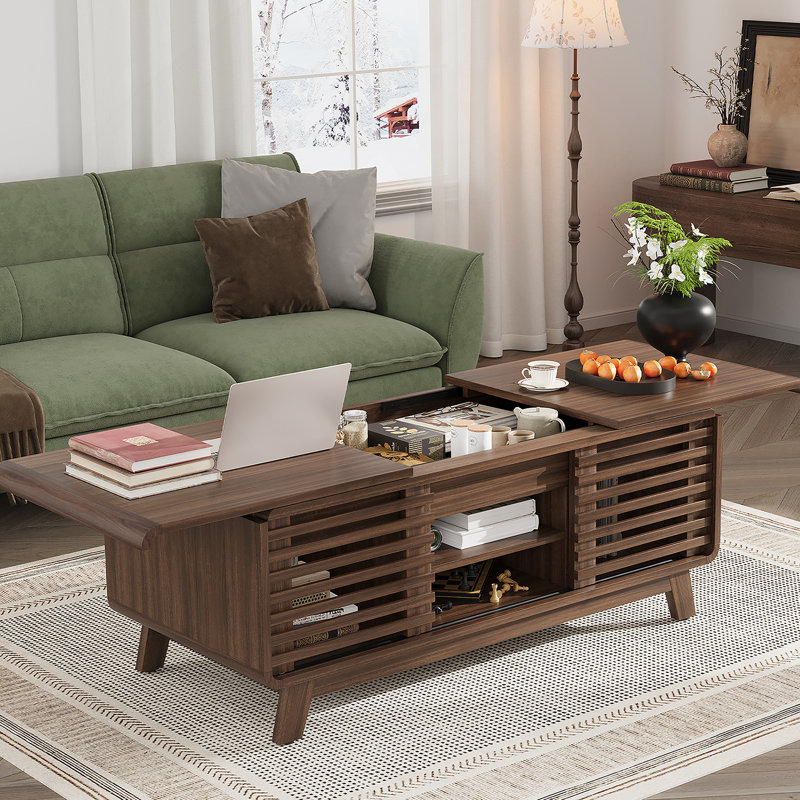Wooden Mid-Century Coffee Table With Sliding Top, Storage, And Doors, Walnut Finish, 47 Inch | Gift Idea