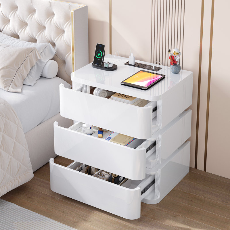 3-Drawer Nightstand With Charging Station And Motion Sensor Rgb Light, Curved Profile Design, No Assembly Required, White