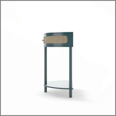 Table de bout unique en demi-lune avec porte coulissante en rotin, console élégante en demi-cercle avec 2 armoires de rangement en rotin et tablette inférieure pour le salon, la chambre à coucher, le bureau, le couloir (vert)