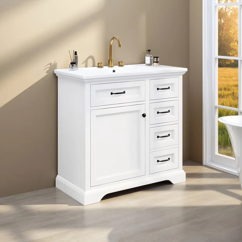 36" Bathroom Vanity With Sink,2 Drawers With Slide Rails,2 Tip-Out Drawers And 1 Door, White