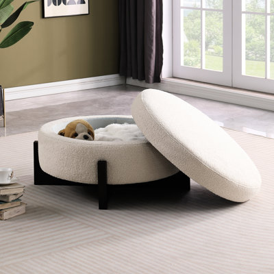 Rond beige avec rangement, pieds rabattables en chêne, siège souple moyen, accoudoirs carrés, matériau principal de conception américaine, dossier rembourré,
