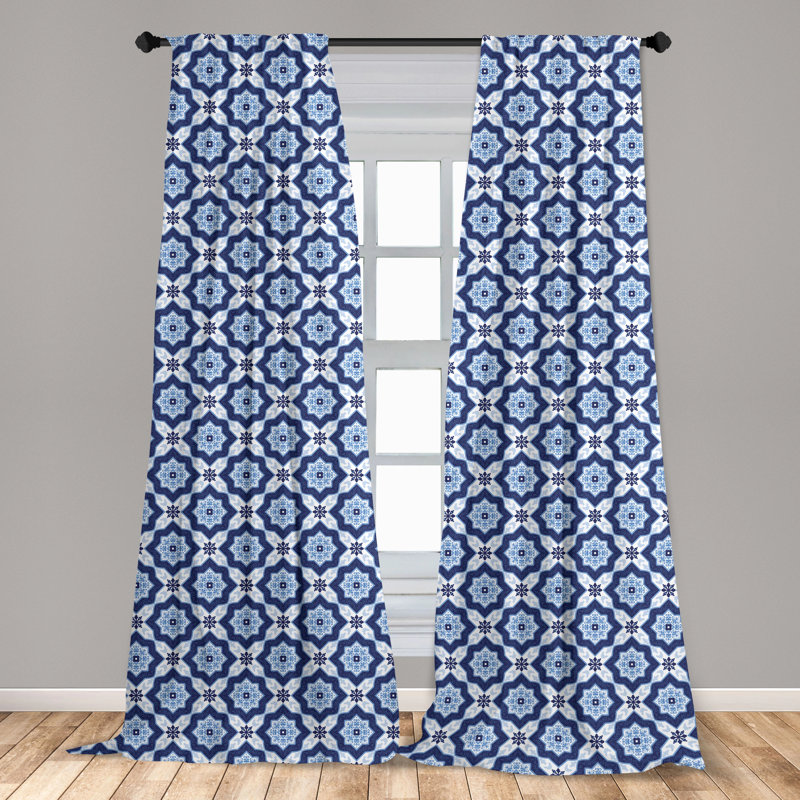 Blue and White Moroccan Pattern Rod Pocket Curtain Panels
