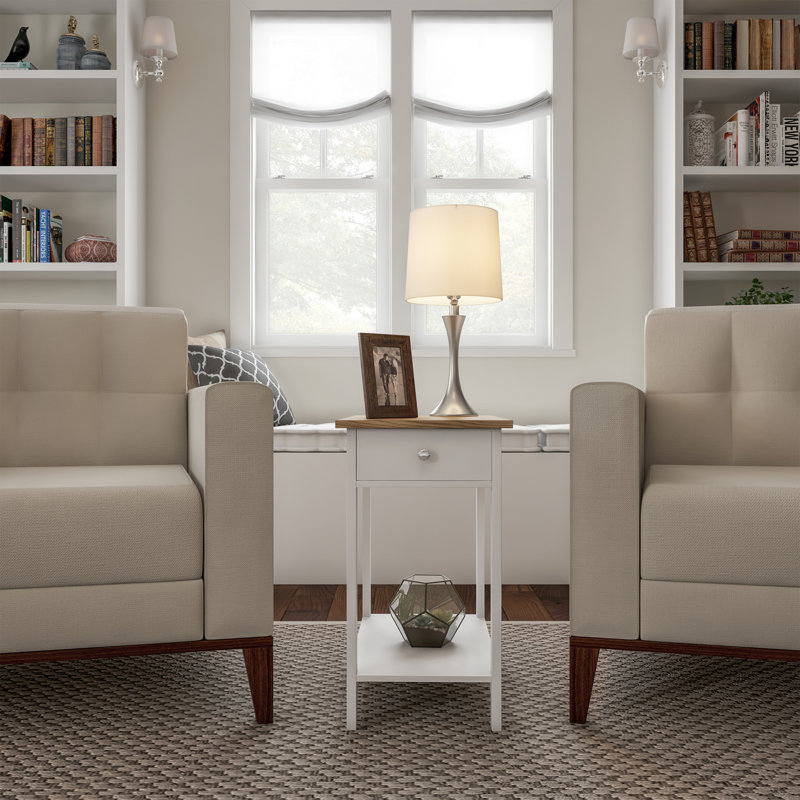 Honey Oak & White Slim Profile Side Table with Drawer & Shelf