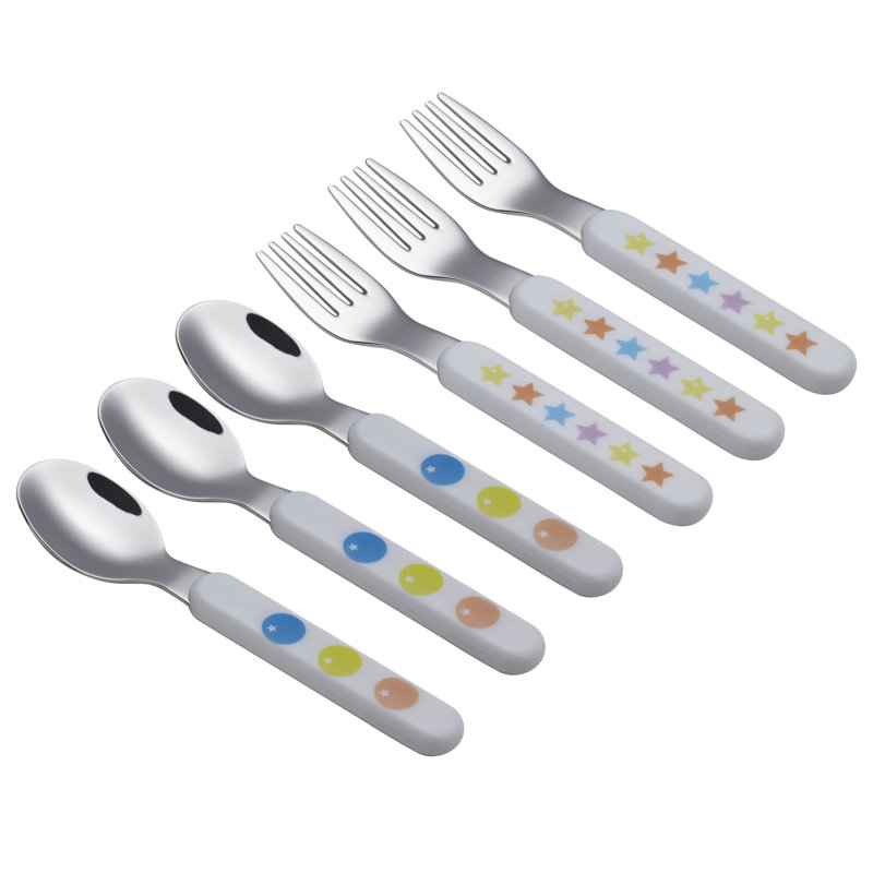 EXZACT Kids Cutlery 6Pcs Stainless Steel 18/10 Children''s Cutlery Set 3 X Forks, 3 X Dinner Spoons Plastic Handle, Toddler Utensils Stars & Dots