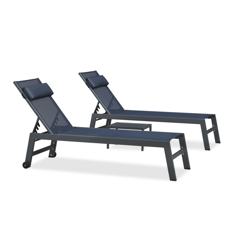 Chaise longue d'extérieur en métal avec table Laylaann, Bleu marine