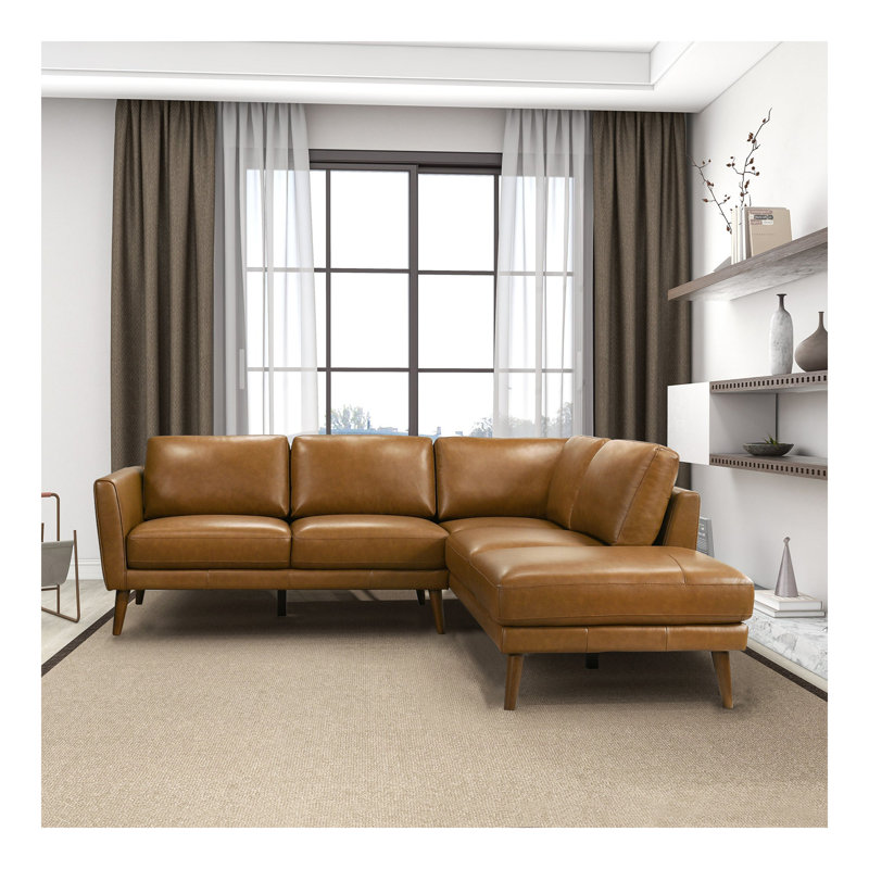 Benson Leather Sectional Sofa Chaise, Tan Leather, Right Hand Facing