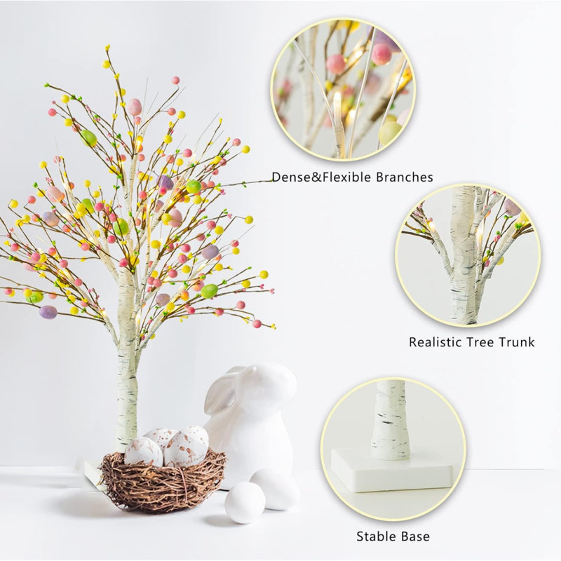 Pre-Lit Easter Egg Tree With Timer, Battery Powered Easter Birch Tree With 24 LED Lights