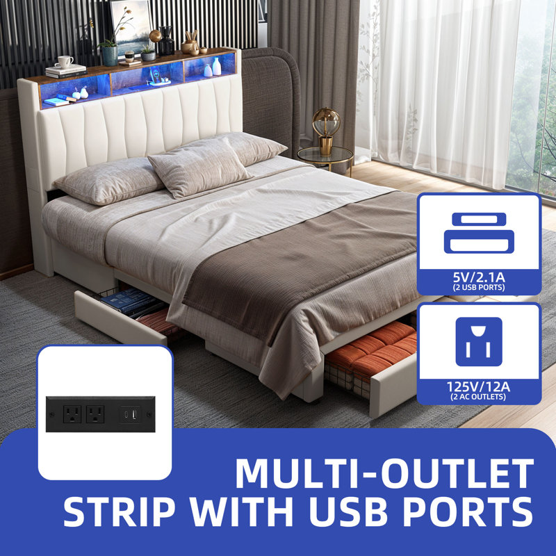 Upholstered Bookcase Storage Bed, White, Full
