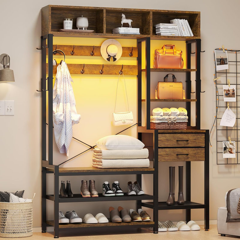 Hall Tree With Bench And Shoe Storage, 7-in-1 Entryway Bench With Coat Rack, 3 Storage Cubbies, 5 Storage Shelves, 17 Coat Hooks, 2 Fabric Drawers