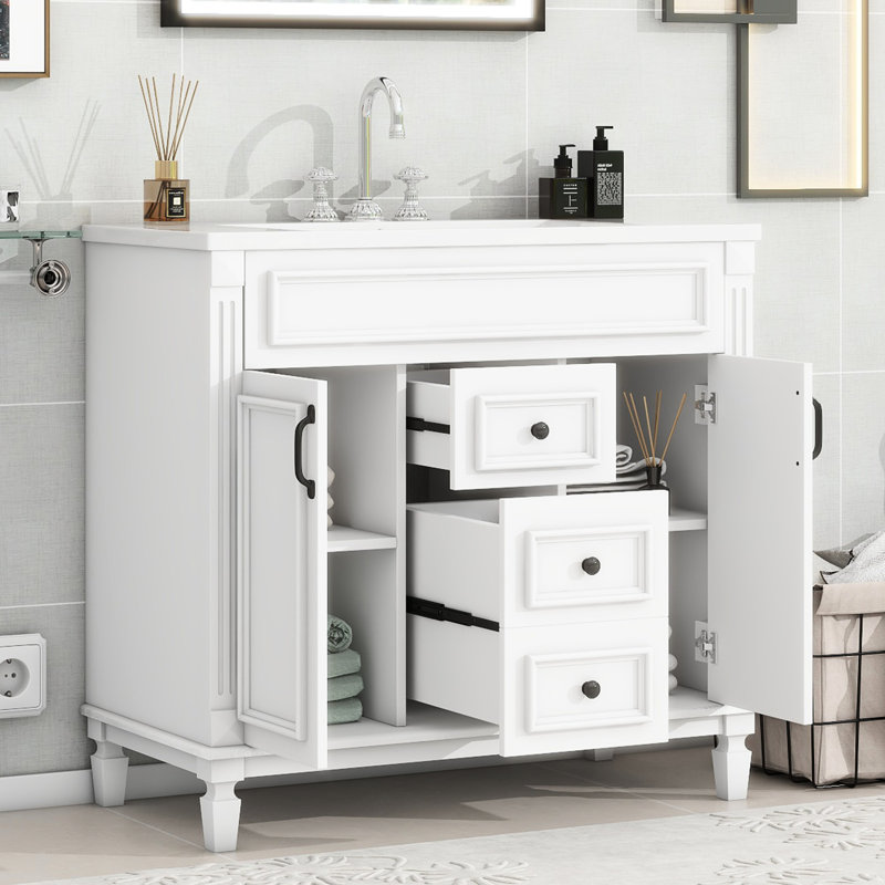 Meuble-lavabo 36 po avec lavabo - armoire blanche moderne 2 portes et tiroirs à fermeture douce Conception pratique de l'équipement et rangement élégant