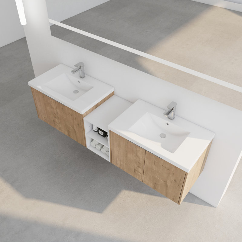 Meuble-lavabo à fermeture en douceur avec lavabo, 71", Imitation chêne