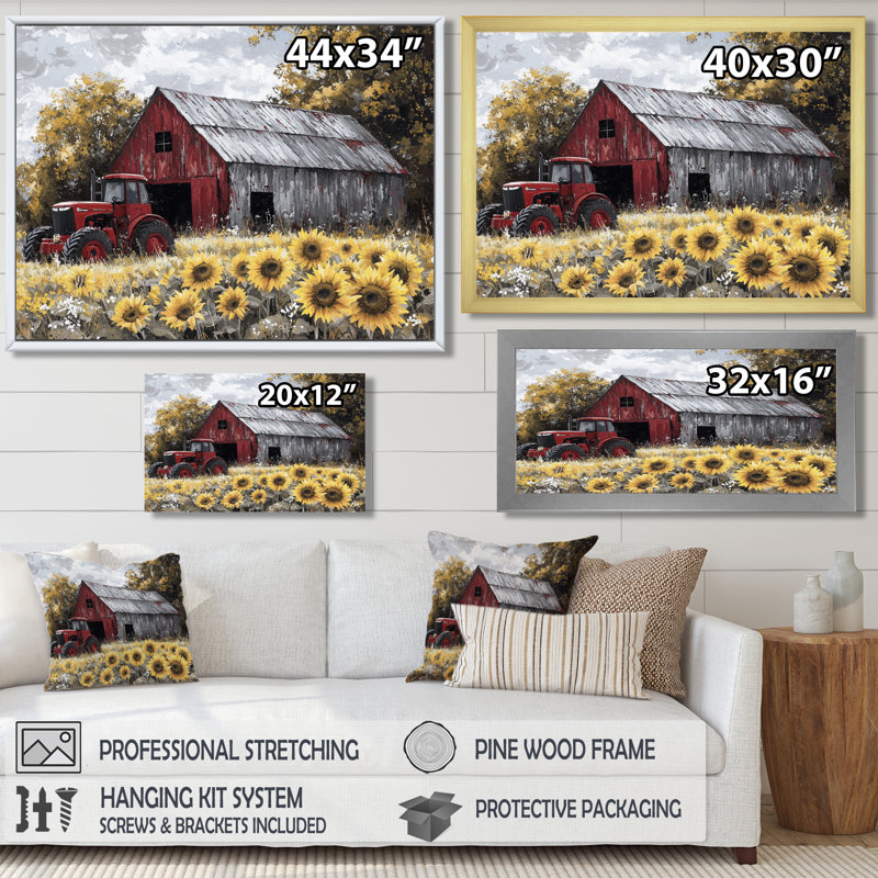Dorea Country Side Sunflowers with Tractor Farm IV - ferme, art mural, Reproduction encadrée d'une seule photo, Blanc
