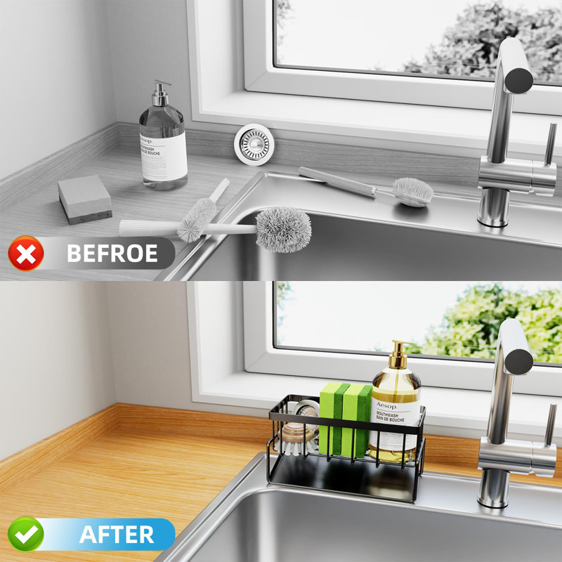 Black Stainless Steel Sink Organizer | Self-Drain System | Compact Design | Rustproof Kitchen Accessory