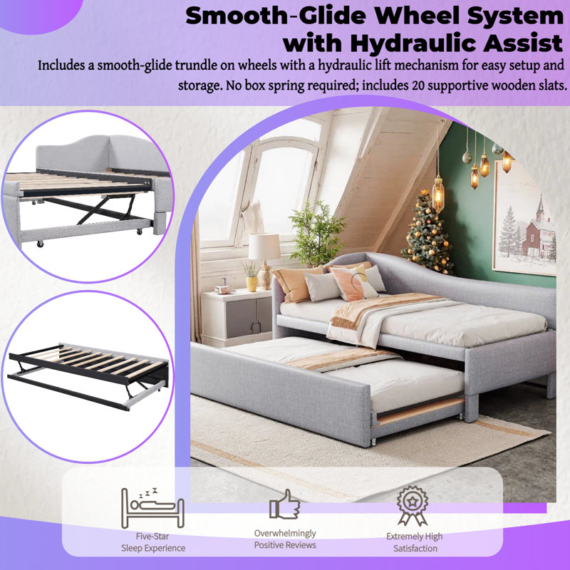 UnaFlora Convertible Twin L-Shaped Upholstered Daybed with Pop-Up Trundle, Twin-to-King Design, Gray