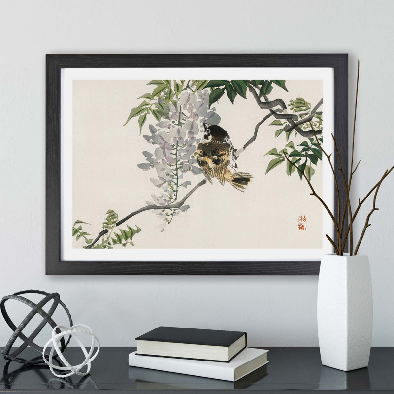 Sparrow On A Branch by Kono Bairei - Single Picture Frame Painting, Black, 33cm H x 45cm W x 2cm D
