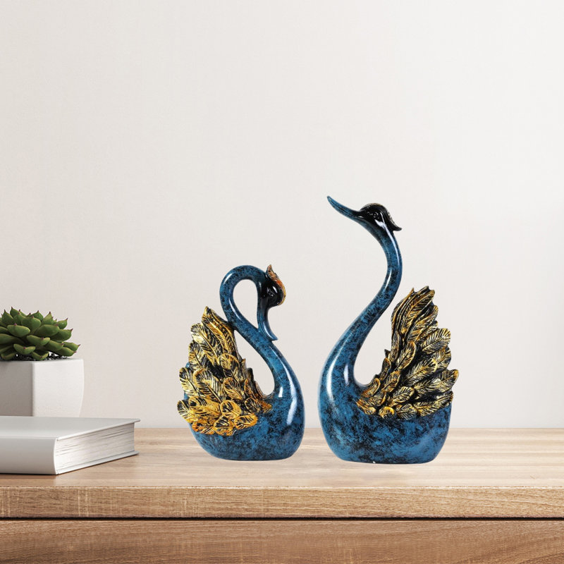 Ensemble de 2 statues de cygnes élégantes - parfaites pour la chambre à coucher, le bureau ou le bureau, Bleu