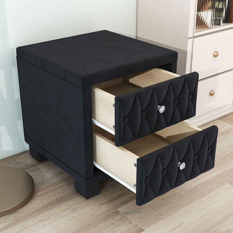 Nightstand with 2 Drawers and Button-Tufted, Black