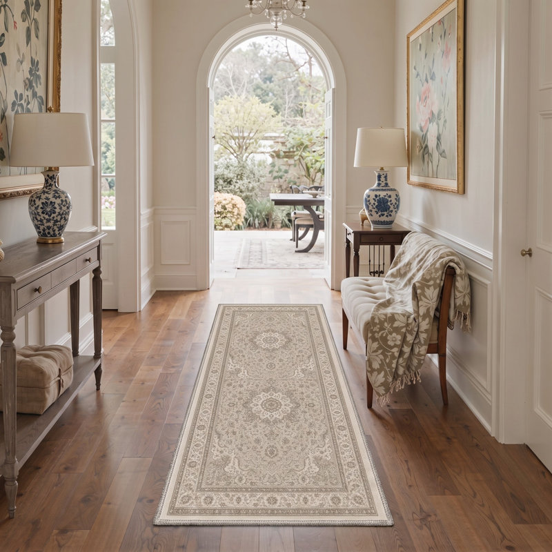 Tapis de couloir vintage oriental vieilli, beige-gris, lavable à la machine, avec envers antidérapant, Runner 2' x 6'