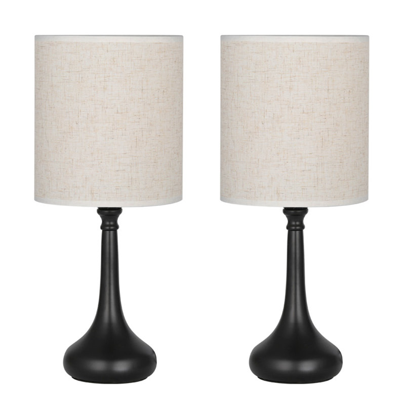 Bedside Table Lamps Line Fabric Lampshade Metal Lamp Base, White, Black, 15.5" H x 7.3" W x 7.3" D
