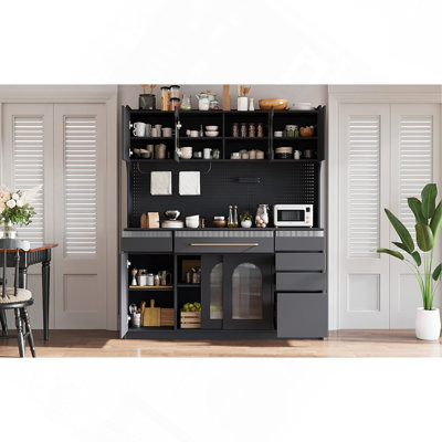 Cabinet Freestanding 63" W Buffet With Hutch, Large Coffee Bar Storage With 6-Drawers, 5S With Adjustable Shelves, Pegboard, Towel Rack, Power Outlet, Black
