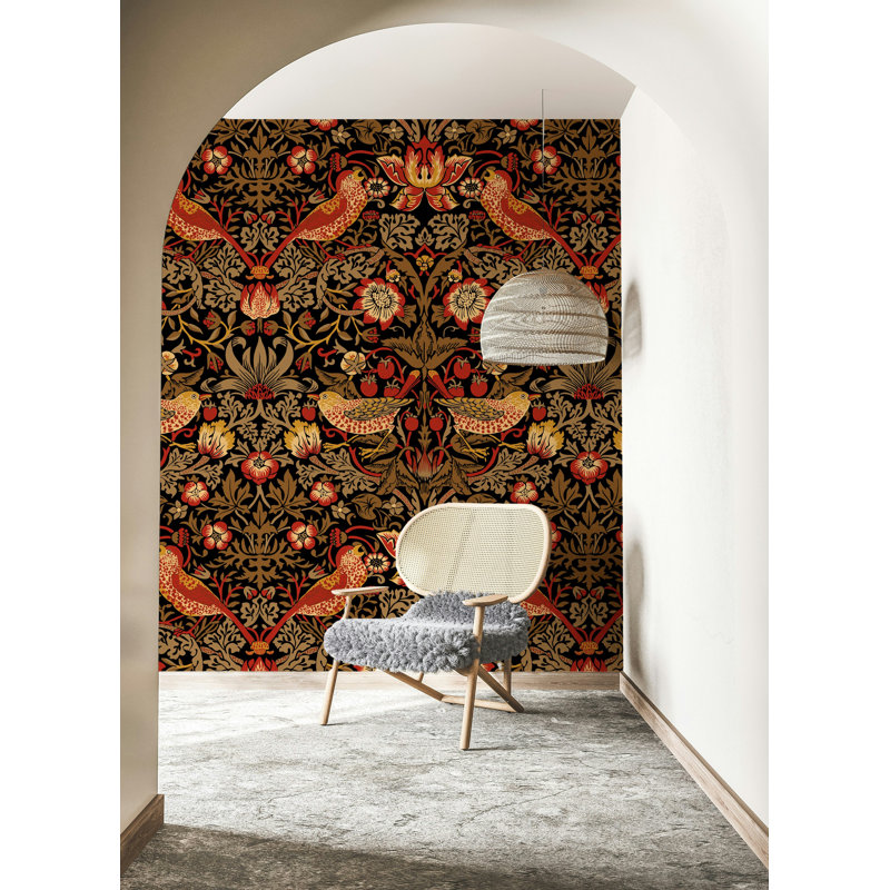 Papier peint damassé rétro avec motif floral noir et rouge, L 100 po x l 150 po