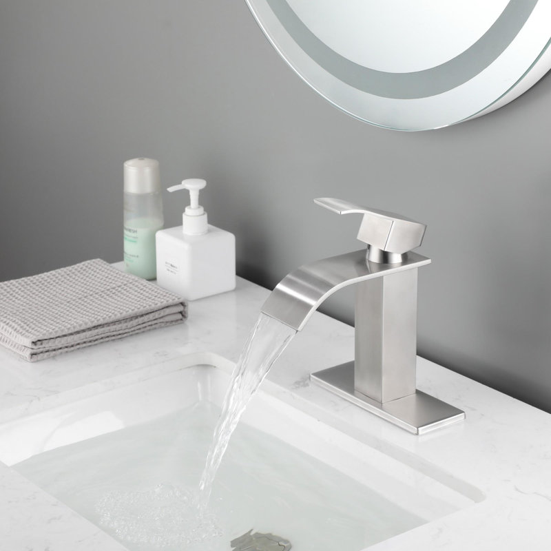 Single Handle Bathroom Vanity Sink Faucet with Waterfall Spout, Brushed Nickel
