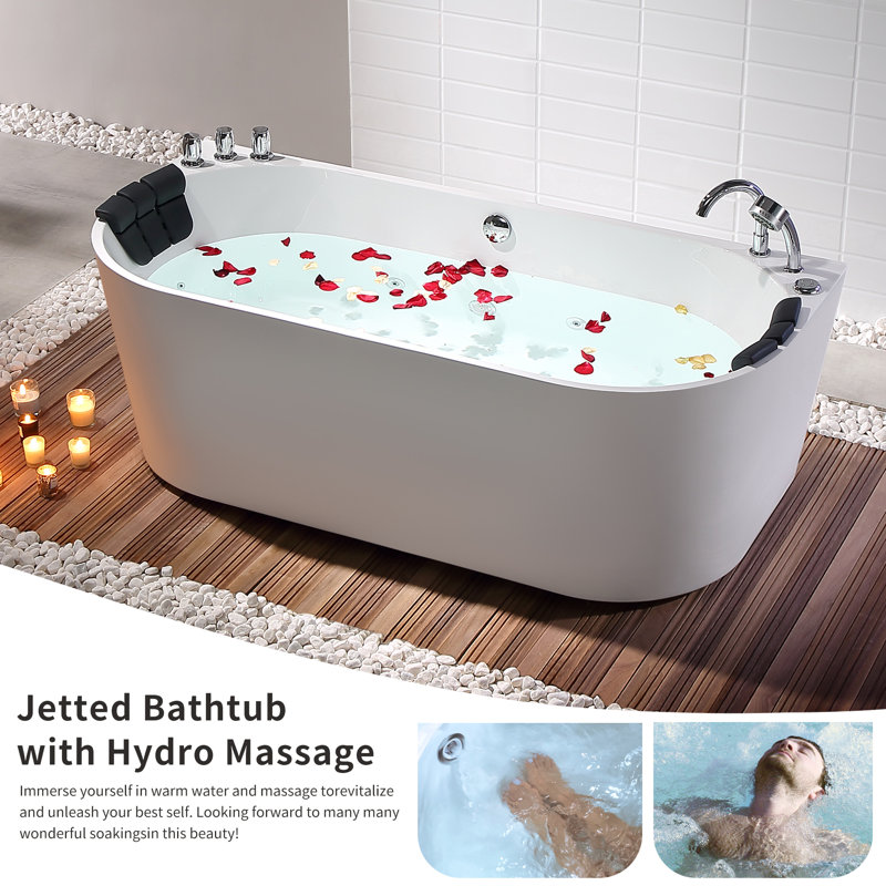 59 In. X 29.5 In. Center Drain Freestanding Whirlpool Bathtub Hydrotherapy Jetted Soaking Bath Tub - Tub Filler In White