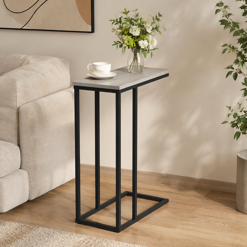 Table d'appoint, en forme de C, bout, côté, collation, salon, chambre à coucher, stratifié gris, métal noir, contemporain, moderne