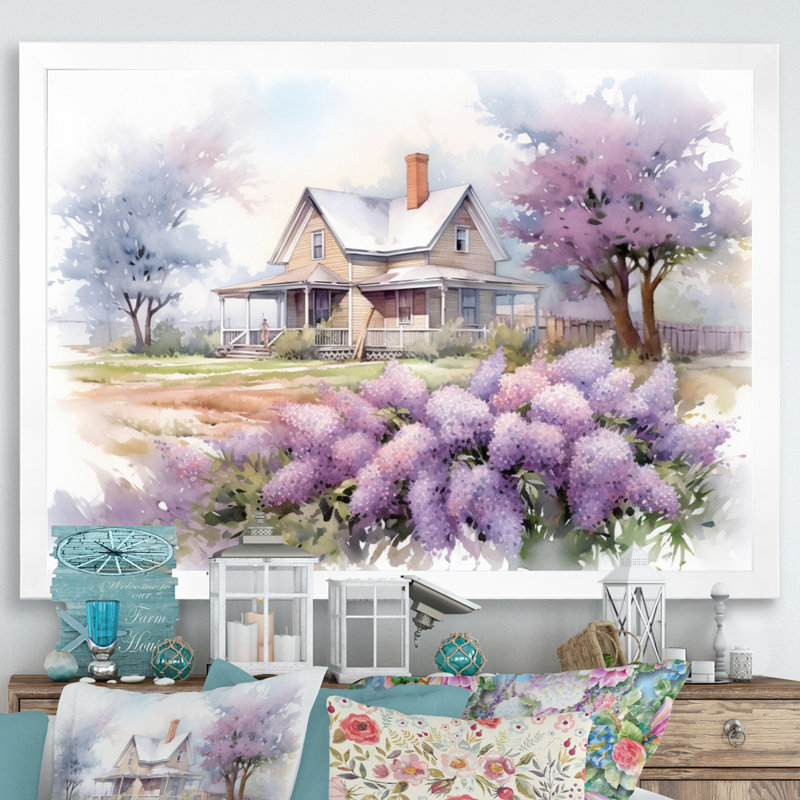 Mauve et gris lilas à la ferme - lilas, art mural encadré, Cadre simple blanc, H 34 po x l 44 po x P 1,5 po